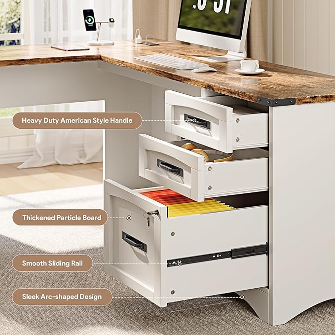 L Shaped Farmhouse Executive Desk with Drawers, 67" Home Office Desks with Fast Charging Station, Lockable File Cabinet, Wood Writing Computer Desk for Work, Study, White