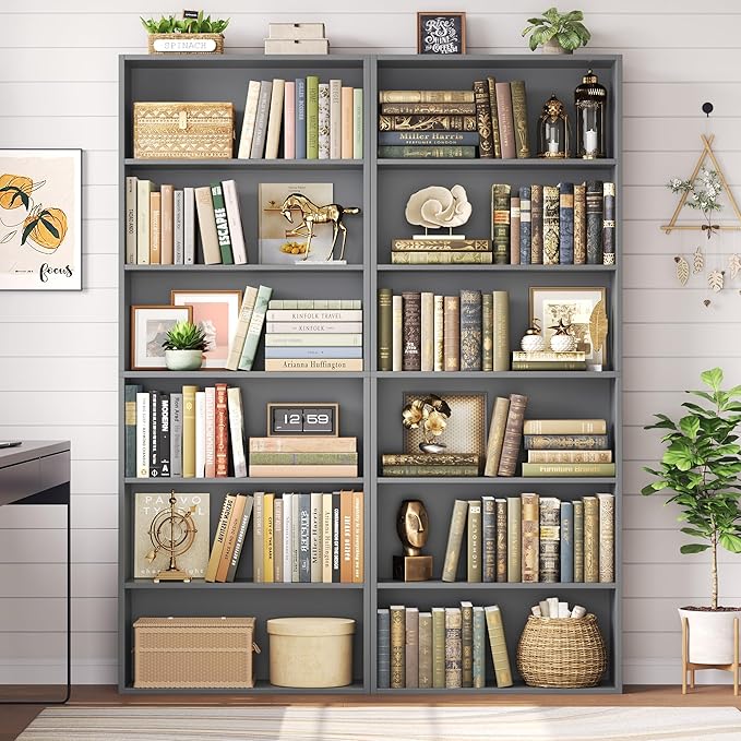 FOTOSOK 6-Tier Open Bookcase and Bookshelf, Freestanding Display Storage Shelves Tall Bookcase for Bedroom, Living Room and Office, Dark Gray