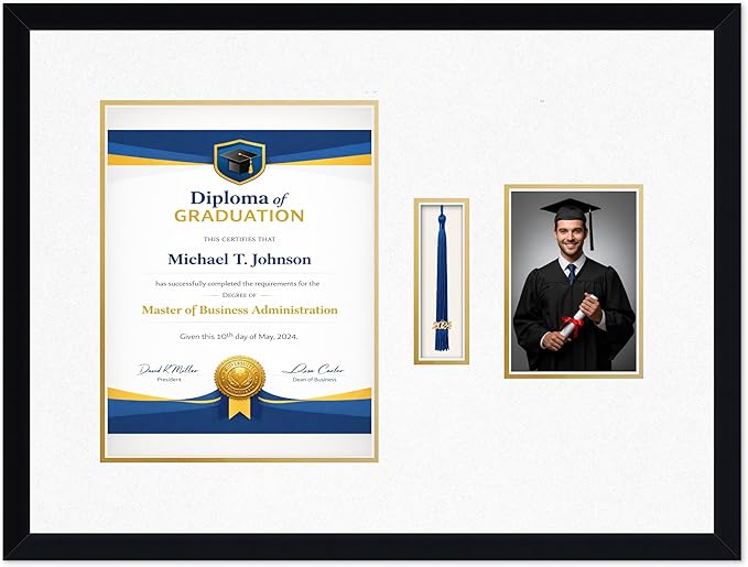 Diploma Tassel and Photo Frame Matte Black Shadowbox Oyster Shell Over Gold Mat - Fits 10 x 13 Degree Picture Made in the USA