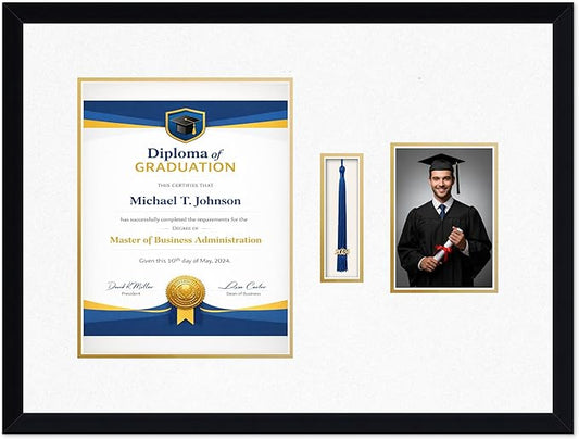 Diploma Tassel and Photo Frame Matte Black Shadowbox Oyster Shell Over Gold Mat - Fits 10 x 13 Degree Picture Made in the USA