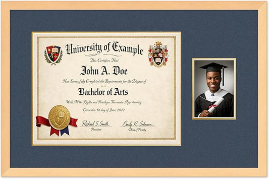 CountryArtHouse Fits 17 x 13 International Diploma and 5 x 7 Photo Diploma and Photo Frame Natural Wood Genuine Hardwood with Navy Blue Over Metallic Gold Double mat