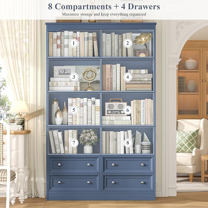 FINETONES 71" Tall Bookshelf with 4 Drawers, 6-Tier Double Wide Bookshelves and Bookcases with Storage, Blue Bookshelf Large Open Bookshelves Standing Book Cabinet for Home Office
