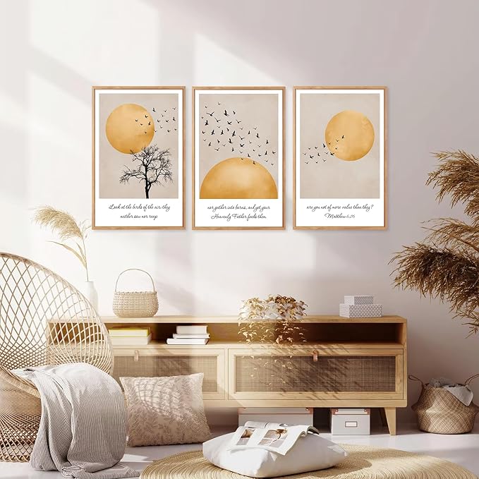 CHDITB Matthew 6:26 Look At The Birds Of The Air Framed Canvas Wall Art(16"x24"), 3 Panels Japandi Bible Verses Scripture Artwork Prints, Large Religious Christian Faith LDS Decor for Home Office Bedroom