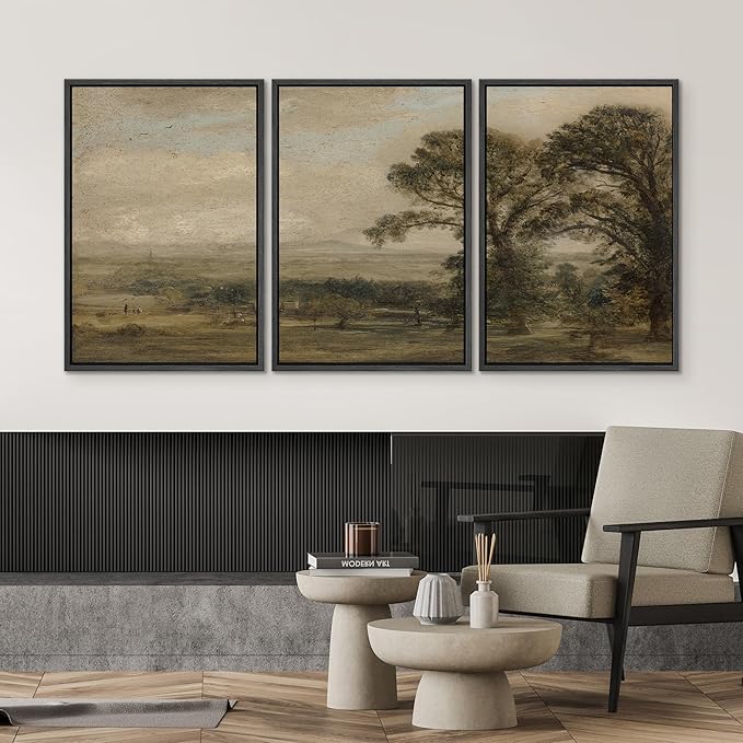 SIGNWIN Framed Canvas Print Wall Art Set Vintage Countryside Landscape Classic Pastoral Scenery Illustrations Modern Art Decorative Abstract for Living Room, Bedroom, Office - 16"x24"x3 Black