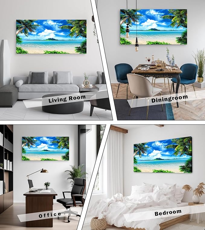 DZL Art S72798 Canvas Wall Art Ocean Waves Coconut Trees on Sands Beach Seascape Scenery Painting Nature Picture for Bedroom Home Office Wall Decor