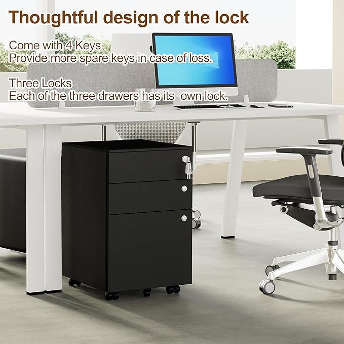 3 Drawers File Cabinet with 3 Lock, Mobile Metal Filing Cabinet, Fully Assembled Except Casters, for Home Office, for A4, Letter, Legal File Folders, Black