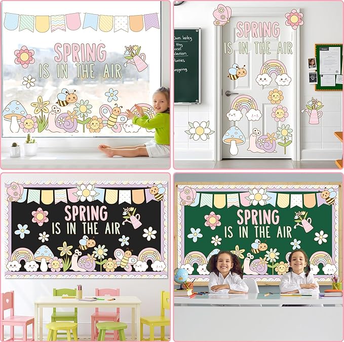 Spring Bulletin Board Decorations Set Spring is in The Air Bulletin Boarder Pastel Flower Butterfly Rainbow Paper Cutouts for Holiday School Classroom Home Office Chalkboard Window Wall Party Decor