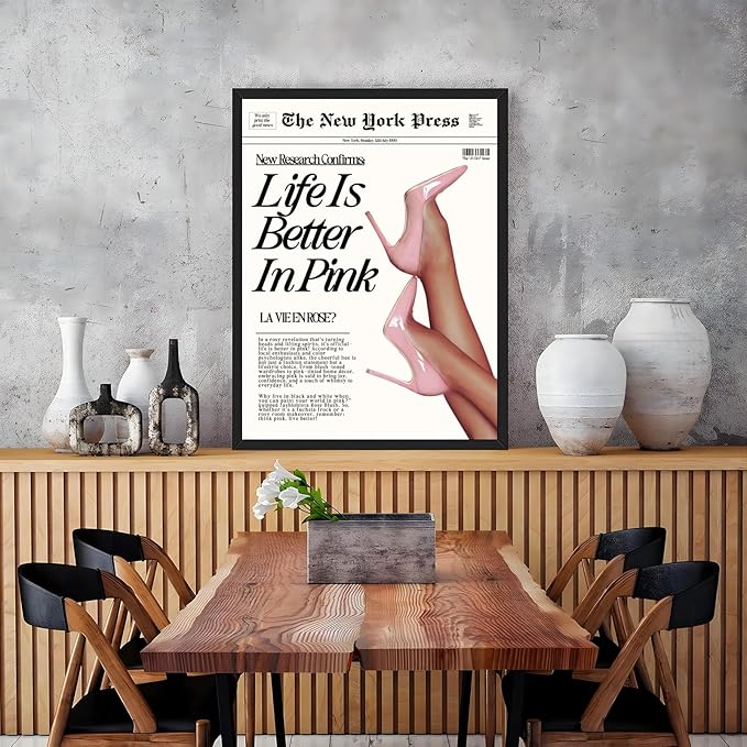 Trendy Baby Pink Hot Girl Poster Life Is Better In Pink Newspaper Wall Art Retro High Heel Picture 70s News Headline Canvas Prints Aesthetic Decor for Girly Bedroom Dorm 12x16inch Black Framed