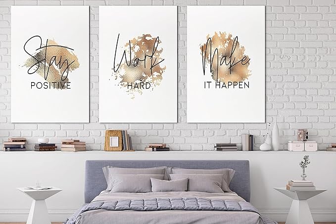 SHMAO Brown Office Canvas Wall Art Motivational Wall Decor, 3 Piece Stay Work Make Print Pictures for Office Wall Decor Women Inspirational Framed Artwork Home Office Decor 24”x36”x3 Panels