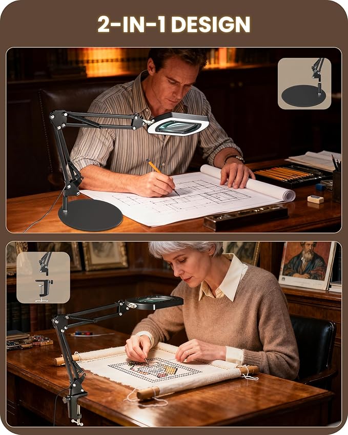10X Round Magnifying Glass with Light and Stand, 2-in-1 LED Lighted Desk Lamp & Clamp, 5 Color Modes Stepless Dimmable, Hands-Free Magnifier Desk Lamp for Reading Craft Close Work B03DL05