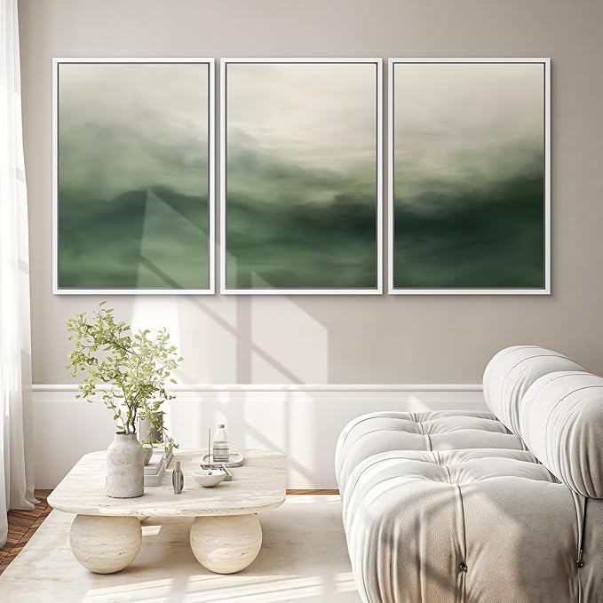 SIGNWIN Framed Canvas Print Wall Art Set Abstract Green Misty Landscape Illustrations Modern Art Decorative Boho Relax/Zen Nordic for Living Room, Bedroom, Office - 24"x36"x3 White