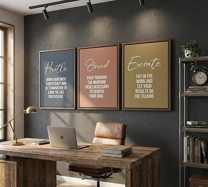 3pcs Inspirational Quotes Canvas Wall Art Hustle Execute Success Quotes Posters Prints Uplifting Motivational Positive Office Wall Decor Pictures for Living Room Bedroom Man Cave Decorations unframed