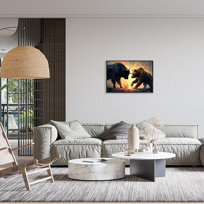 Trendy Bull And Bear Confrontation Wall Art Funny Bull And Bear Stock Market Canvas Posters Funny Animal Prints Painting For Office Living Room Wall Decor 16x24in Framed