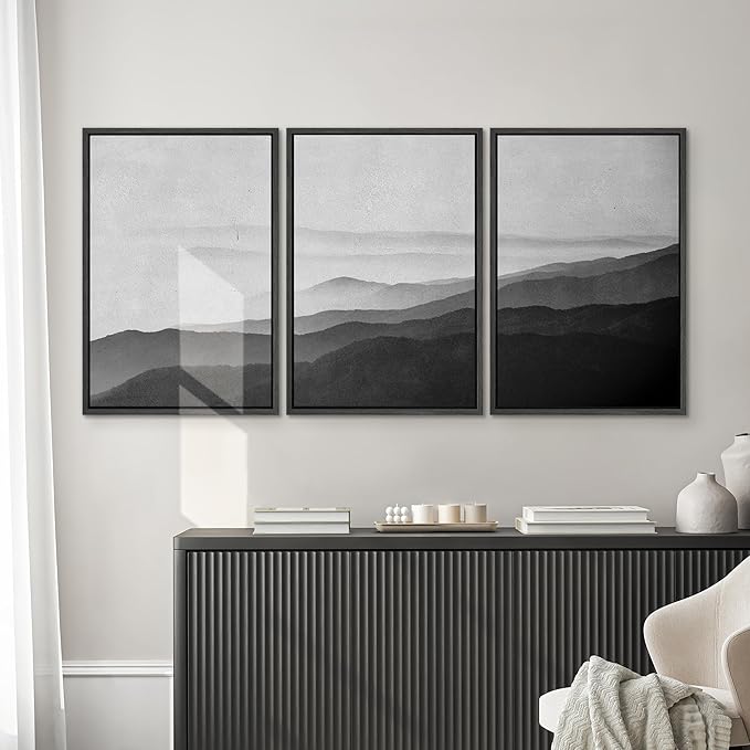SIGNWIN Framed Canvas Print Wall Art Side of Mountain in Mist Nature Rocky Cozy Neutral Minimalism Contemporary Black and White for Living Room, Bedroom, Office - 16"x24"x3 Black