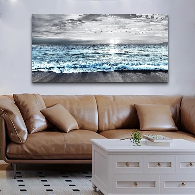 Lapremoly Large Canvas Wall Art - Black And White Beach Wall Painting, Blue Ocean Sea Wave Pictures, Stretched and Framed Modern Artwork For Living Room, Bedroom, Office Wall Decor