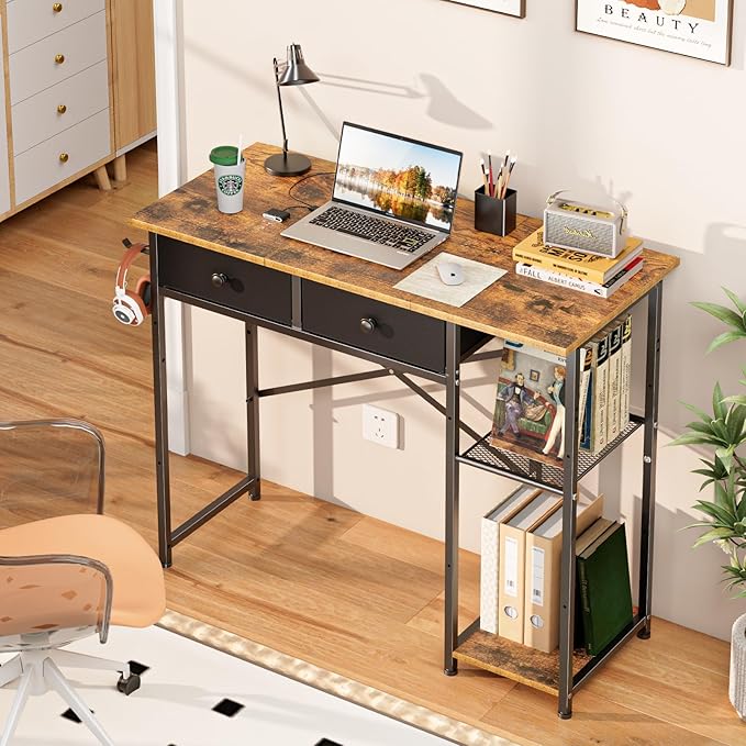 Small Computer Desk, 36 Inch Writing Desk with Drawers & Storage Shelves, Home Office Writing Desk for Small Spaces, Bedroom, Living Room, Dorm, Rustic Brown