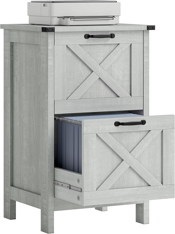 HOMCOM 2 Drawer Vertical File Cabinet with Silent Slides, Rustic Farmhouse Filing Cabinet with Barn Doors for A4/Letter Size, Printer Stand with Storage for Home Office, Distressed Light Gray