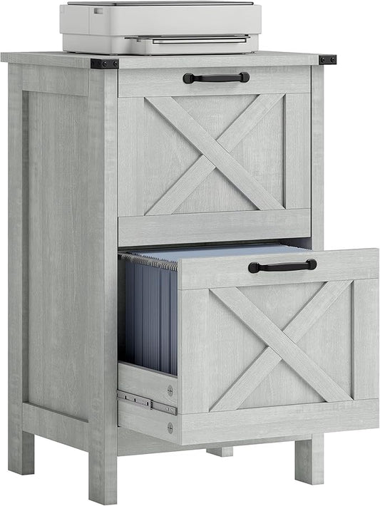 HOMCOM 2 Drawer Vertical File Cabinet with Silent Slides, Rustic Farmhouse Filing Cabinet with Barn Doors for A4/Letter Size, Printer Stand with Storage for Home Office, Distressed Light Gray