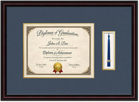 Diploma Frame with Tassel Holder 21.25 x 15.5 Executive Brown Shadowbox Navy Blue Over Gold Mat - Fits 11 x 8.5 Degree Made in the USA
