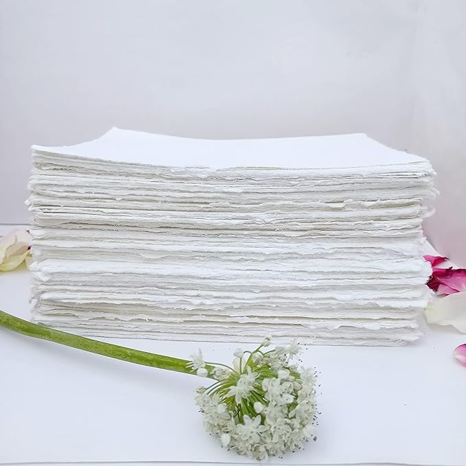 Handmade Deckle Edge Cotton Paper 4x9” – 150 GSM | Rustic Wedding Invitation Cardstock for Calligraphy, Craft DIY & Event Stationery (100 Sheets)