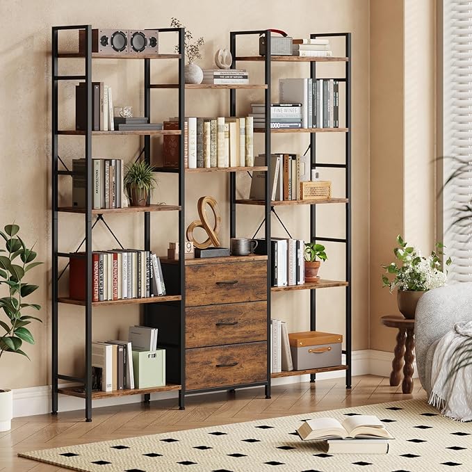 Triple Bookshelf with 3 Fabric Drawers, 5-Tier Book Shelf and 10 Display Shelves, Industrial Large Bookcase for Home & Office, Rustic Brown, 47'' Wide