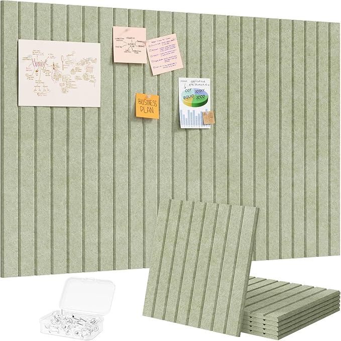 Lifewit Felt Slatted Bulletin Board with Self-Adhesive, 36"x 24"-6 Pack Cork Board Alternative, Pin Board Vision Board Message Board with 30 Pushpins for Office Decor, Room Decor, Sage
