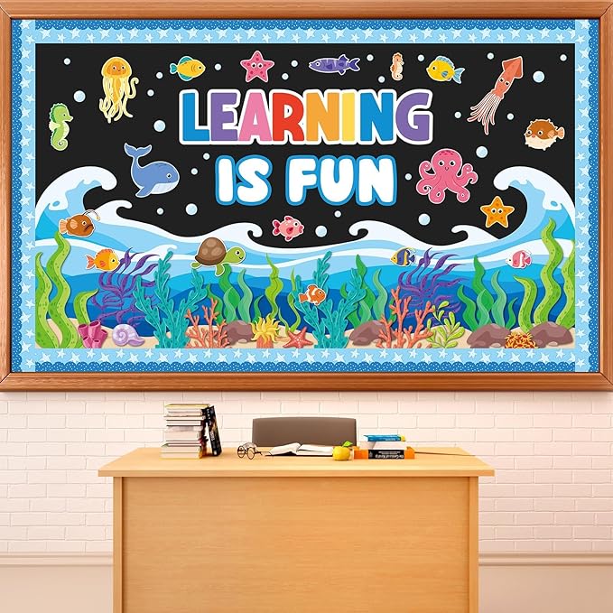 Summer Ocean Sea Bulletin Board Decorations Learning is Fun Positive for Summer Theme Classroom Back to School Bulletin Board Border Set Ocean Under The Sea Fish Paper Cutouts for School Home Decor