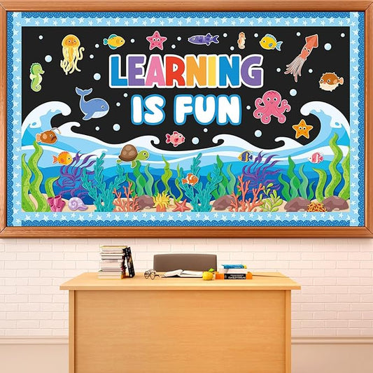 Summer Ocean Sea Bulletin Board Decorations Learning is Fun Positive for Summer Theme Classroom Back to School Bulletin Board Border Set Ocean Under The Sea Fish Paper Cutouts for School Home Decor