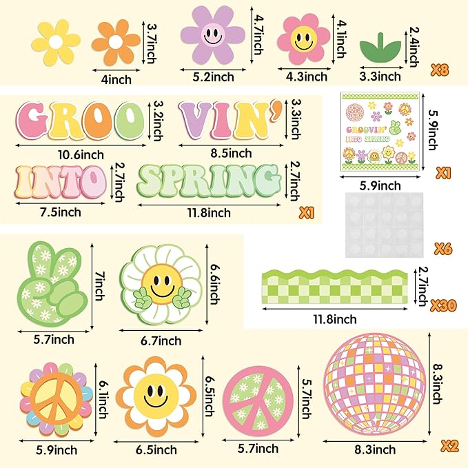 Xqumoi Retro Groovin' Into Spring Bulletin Board Decorations - 86Pcs Groovy Hippie Boho Spring Flowers Cutouts Name Tags Checkerboard Boarder Trim School Classroom Home Office Chalkboard Wall Decor