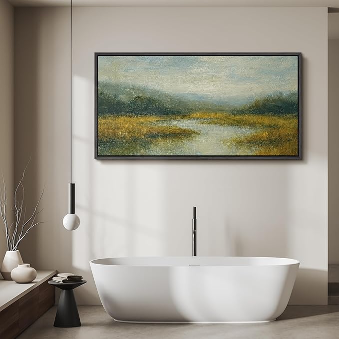 SIGNFORD Extra Large Framed Canvas Misty Meadow River Landscape Illustrations Modern Art Calm Warm for Living Room, Bedroom, Office - 60"x30"
