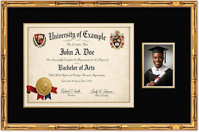 CountryArtHouse Fits 17 x 13 International Diploma and 5 x 7 Photo Diploma and Photo Frame Gold Bamboo Genuine Hardwood with Black Over Metallic Gold Double mat