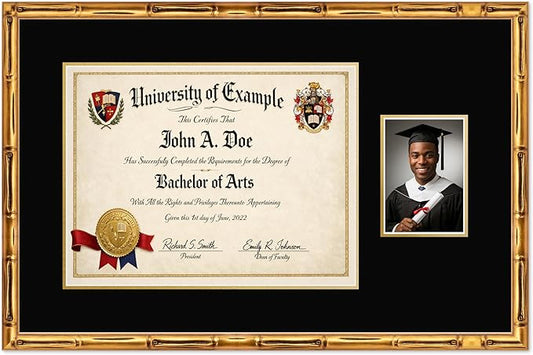 CountryArtHouse Fits 17 x 13 International Diploma and 5 x 7 Photo Diploma and Photo Frame Gold Bamboo Genuine Hardwood with Black Over Metallic Gold Double mat