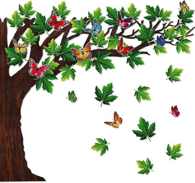 60 Pieces 70 x 55 Inch Classroom Big Tree Bulletin Board Set with Leaves and Butterflies, Woodland Whimsy Decor with 180 Pieces Removable Glue Point Dots for School Decoration(Stylish Green Leaf)