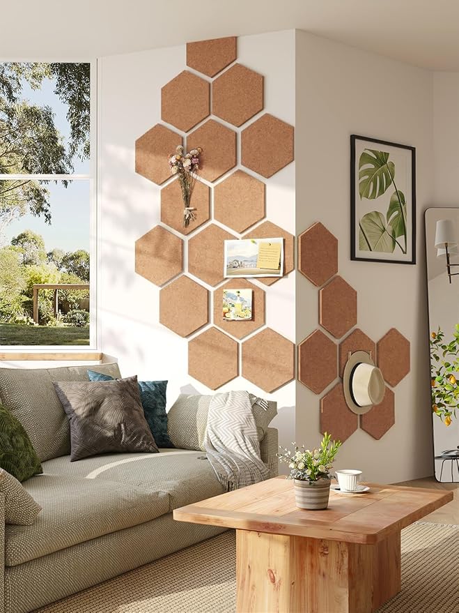 12" Large Bulletin Board with 30 Push Pins, Pack of 8 Hexagon Felt Pin Board Notice Boards for Home Office, Felt Wall Tiles for Photos Memos (Brown)