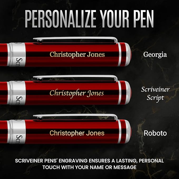 Scriveiner Personalized Deep Crimson Red Ballpoint Pen - Stunning Red Lacquer Luxury Pen with Chrome Finish, Schmidt Ink Refill, Engraved Ball Point Gift Set for Men & Women, Custom Engraving