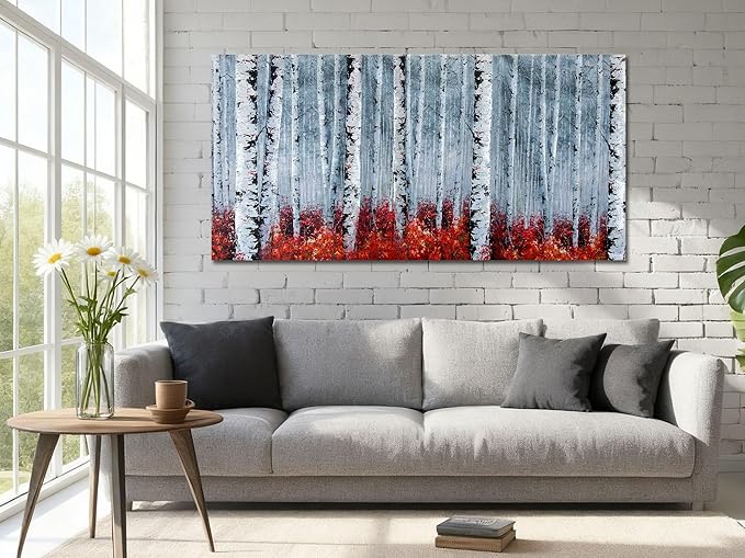Arjun Birch Tree Wall Art White Landscape Painting Grey Canvas Forest Red Nature Panoramic Picture Rustic for Living Room Bedroom Home Office Decor, Large 48"x24"