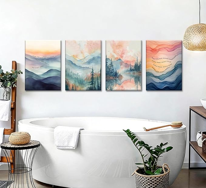 4pcs Mental Health Inhale Exhale Meditation Canvas Wall Art Abstract Watercolor Painting Picture Wall Decor Therapy Office Pictures Poster Print Artwork for Meditation Room Calming Corner Decoration