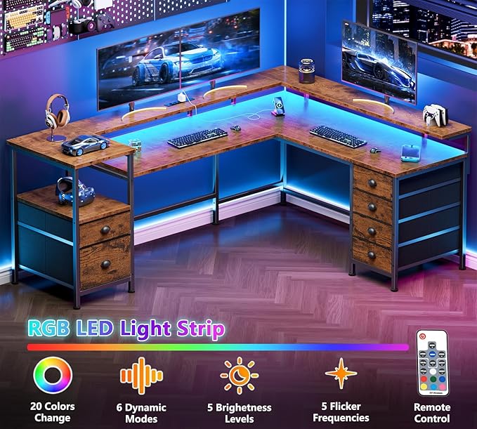 Furologee 66" Reversible L Shaped Gaming Desk with 6 Drawers & Printer Storage Shelves, Corner Computer Desk with Power Outlets & LED Lights, Home Office Table with Monitor Stand, Rustic Brown
