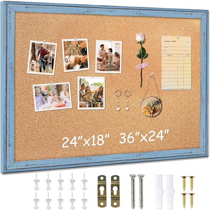 DOLLAR BOSS Cork Boards for Walls, 36 X 24 Inches Bulletin Board Decorative Hanging Pin Board Rustic Wooden Frame Vision Board Notice Board for Office Home Decor, Blue