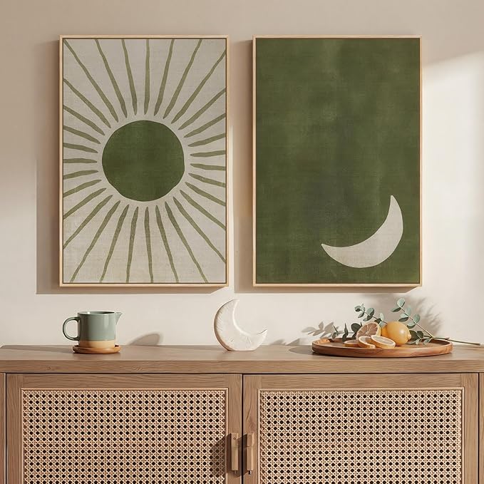 Framed Green Boho Abstract Wall Art Set of 2 for Living Room, Sun and Moon Minimalist Bohemian Canvas Artwork for Walls, Mid Century Modern Painting Print Wall Decor for Bedroom Home Office, 16x24 In