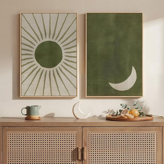 Framed Green Boho Abstract Wall Art Set of 2 for Living Room, Sun and Moon Minimalist Bohemian Canvas Artwork for Walls, Mid Century Modern Painting Print Wall Decor for Bedroom Home Office, 16x24 In