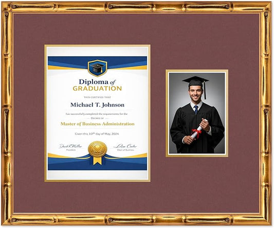 Diploma Frame With Photo Opening Gold Bamboo Dark Red Over Gold Mat - Fits 8.5 x 11 Degree and Picture Made in the USA