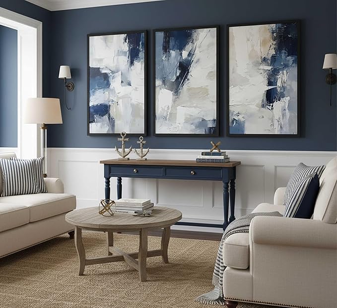 3pcs Navy Blue Abstract Canvas Wall Art Modern Minimalist Neutral Blue White Painting Picture Wall Decor Posters Prints Artworks for Living Room Bedroom Office Home Decoration Unframed