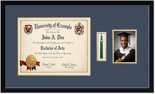 CountryArtHouse Diploma Tassel and Photo Shadowbox Fits 15 x 12 Military/Government with Tassel Hook an Matte Black Genuine Hardwood with Navy Blue Over Metallic Gold Double mat