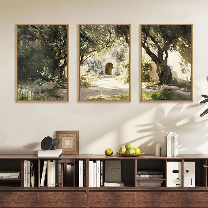 Ausril Garden of Gethsemane Landscape Framed Canvas Wall Art, Jerusalem Town Villages Scenery Prints, Jesus Boho Religious Decor, Christian Bible Art Painting for Bedroom Living Room Office 24"x36"x3