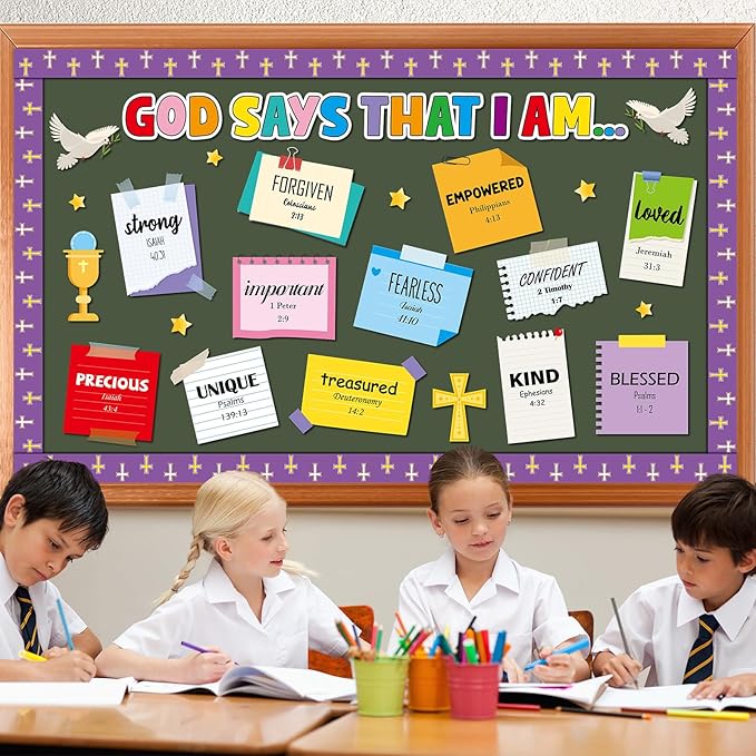 gisgfim Christian Bulletin Board Decorations God Says That I Am Religious Paper Cutouts Inspirational Quotes Classroom Wall Decor Bulletin Board Set for VBS Sunday School Church Bible Door Supplies