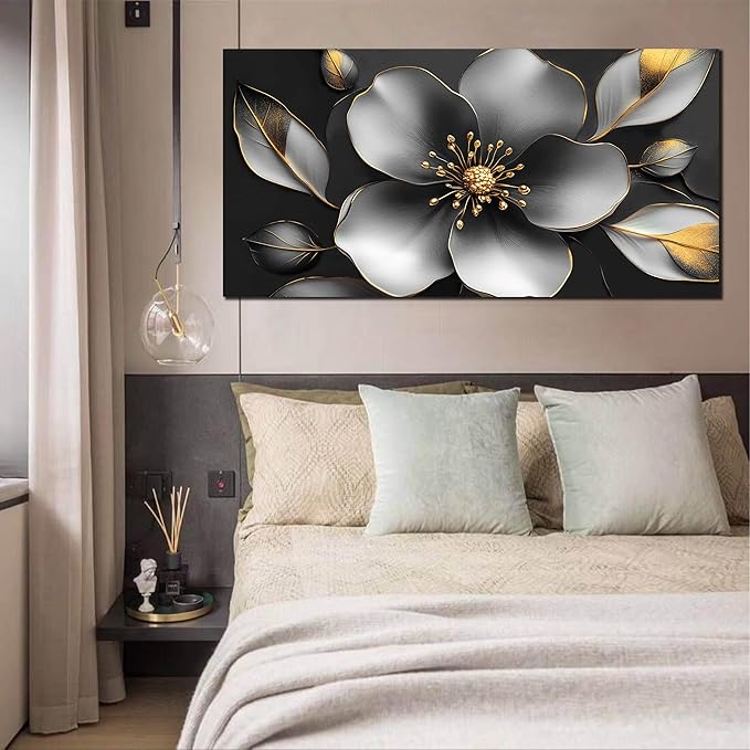 Large Canvas Wall Art for Living Room Bedroom Home Office Grey Metal Color Flower Picture Modern Canvas Prints Framed Wall Decor Size 29x59