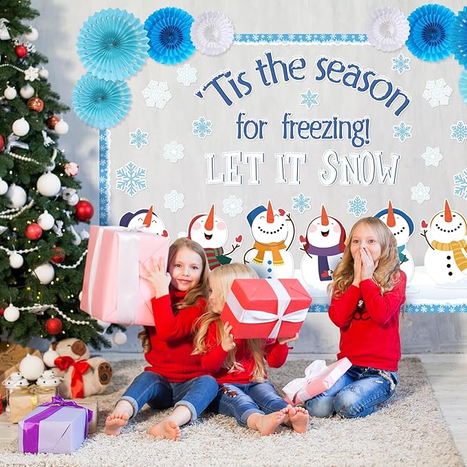 Winter Bulletin Board Set Let It Snow Wonderland Classroom Decorations Snowman Snowflake Paper Cutouts with Paper Fans for Winter Holiday School Classroom Home Wall Decor