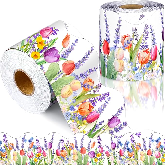 Jexine 68.9 Feet Spring Flower Bulletin Board Borders Floral Classroom Scalloped Rolled Border Trim with Tulip Lavender Patterns Bulletin Boards Decorations for School Classroom School Whiteboard Wall