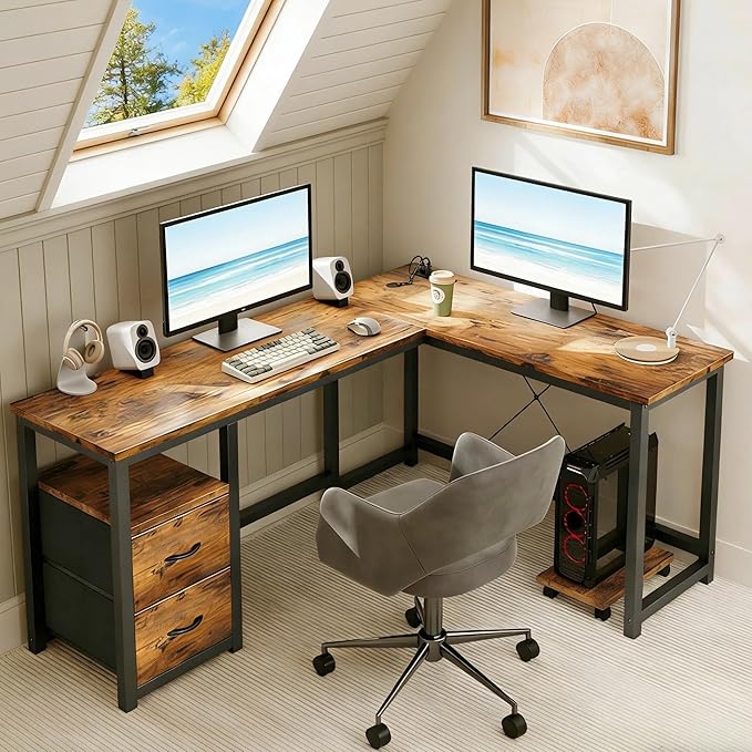 Gizoon 66 Inch L Shaped Desk with Drawers, Reversible Corner Computer Desk with Power Outlets, Home Office Desk with Moveable CPU Stand, Large Gaming Desk, Rustic Brown